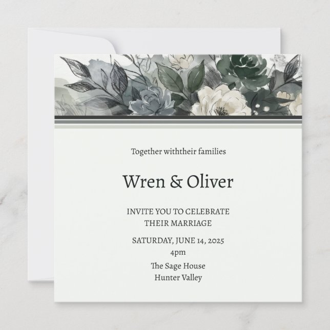 Invitación de boda de rosa botánica verde oscuro (Anverso)