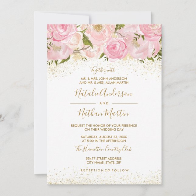 Invitación de boda de rosa con destello de oro ros (Anverso)