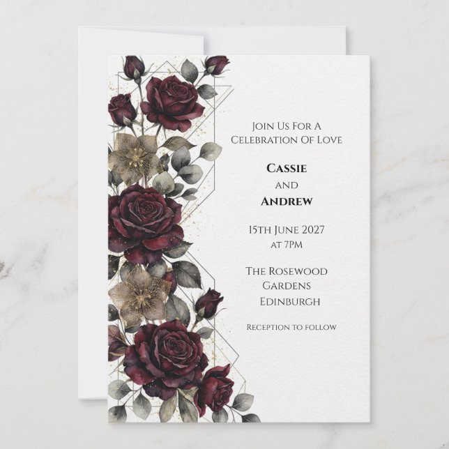Invitación de boda de rosa de Borgoña eucalipto (Anverso)