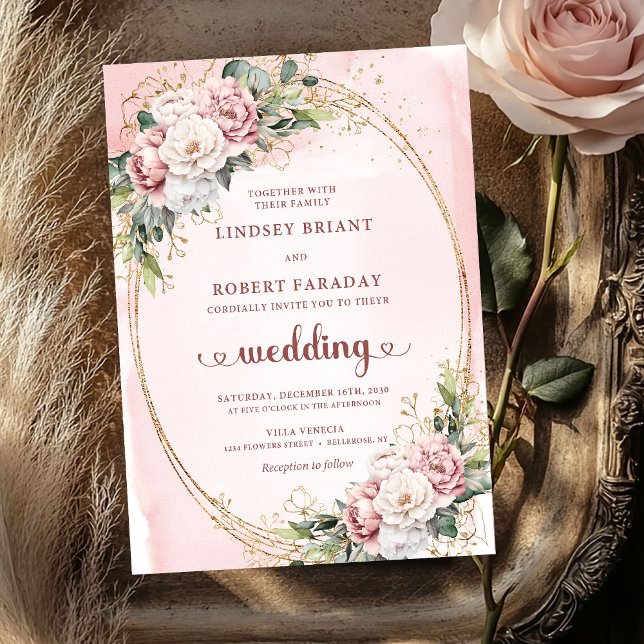 Invitación de boda de rosa dorada floral con rubor (Modern Blush Floral Rose Gold Wedding Invitation)