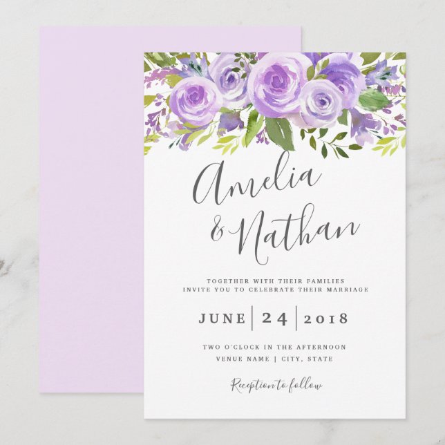 Invitación de boda de rosa floral lavanda (Anverso / Reverso)