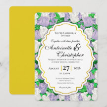 Invitación de boda de rosa lila y blanca con borde