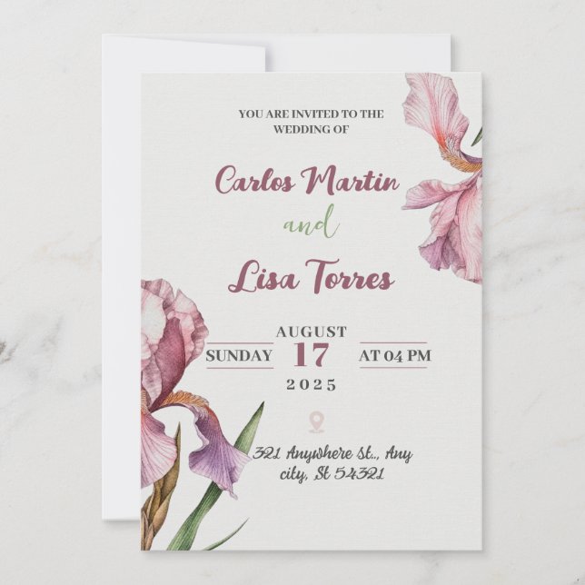Invitación de boda de rosa moderna simple (Anverso)