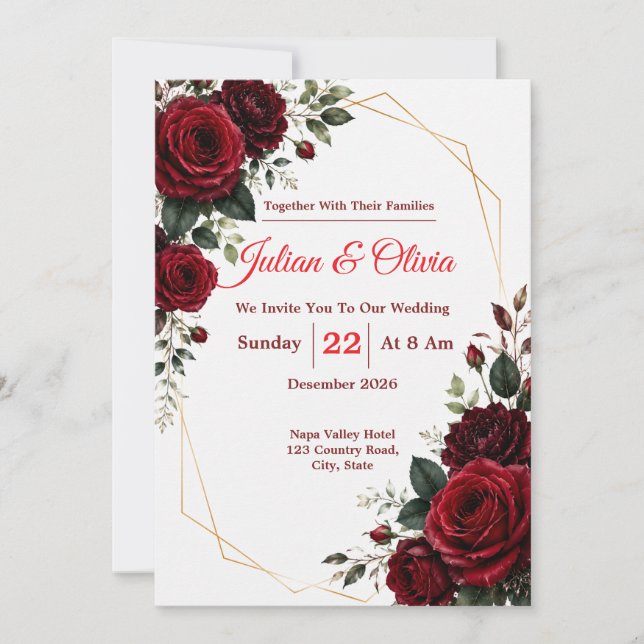 Invitación de boda de rosa roja borgoña de lujo (Anverso)