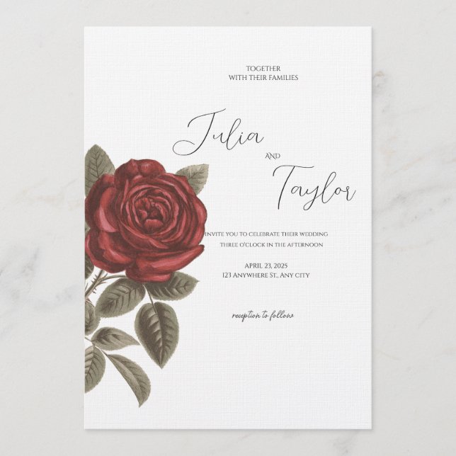 Invitación de boda de rosa roja elegante (Anverso)
