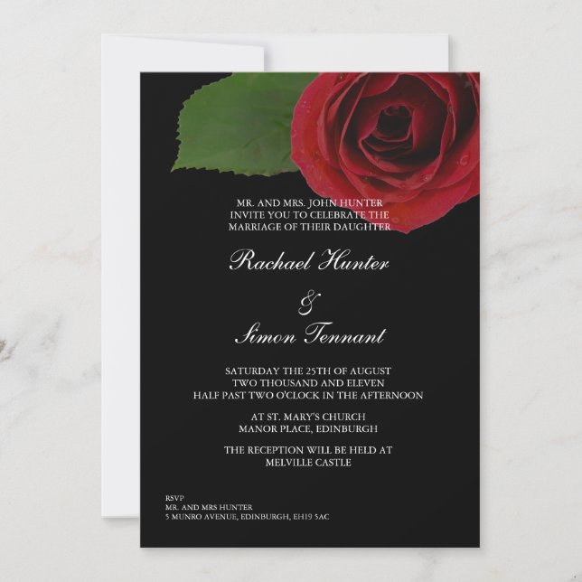 Invitación de Boda de rosa roja - Negro (Anverso)