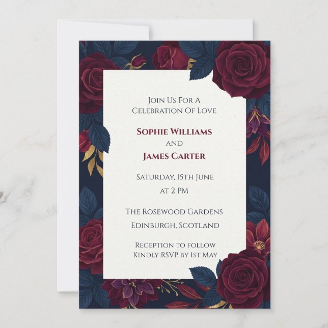 Invitación de boda de rosa roja oscura (Anverso)