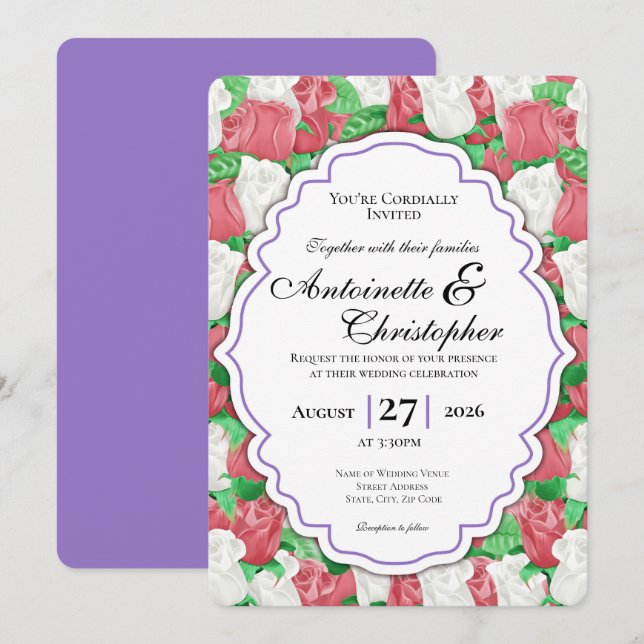 Invitación de boda de rosa roja y blanca - Borde p (Anverso / Reverso)