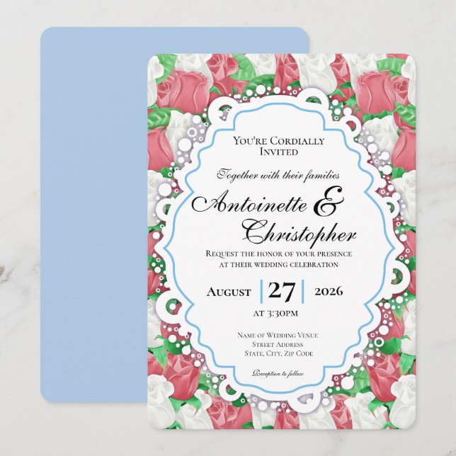Invitación de boda de rosa roja y blanca con borde (Anverso / Reverso)
