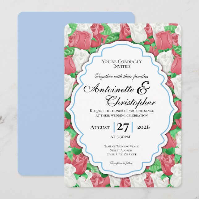Invitación de boda de rosa roja y blanca con borde (Anverso / Reverso)