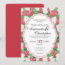 Invitación de boda de rosa roja y blanca con borde