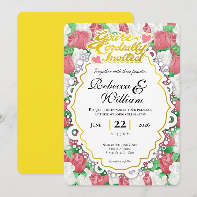 Invitación de boda de rosa roja y blanca - Letras  (Anverso / Reverso)