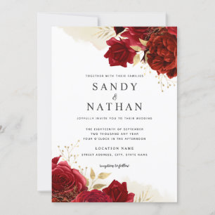 Invitación de boda de rosa romántica de oro rojo