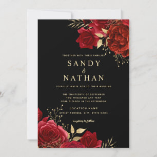 Invitación de boda de rosa romántica roja dorada