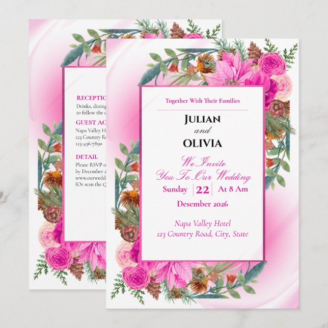 Invitación de boda de rosa rosa chic y piña (Anverso / Reverso)