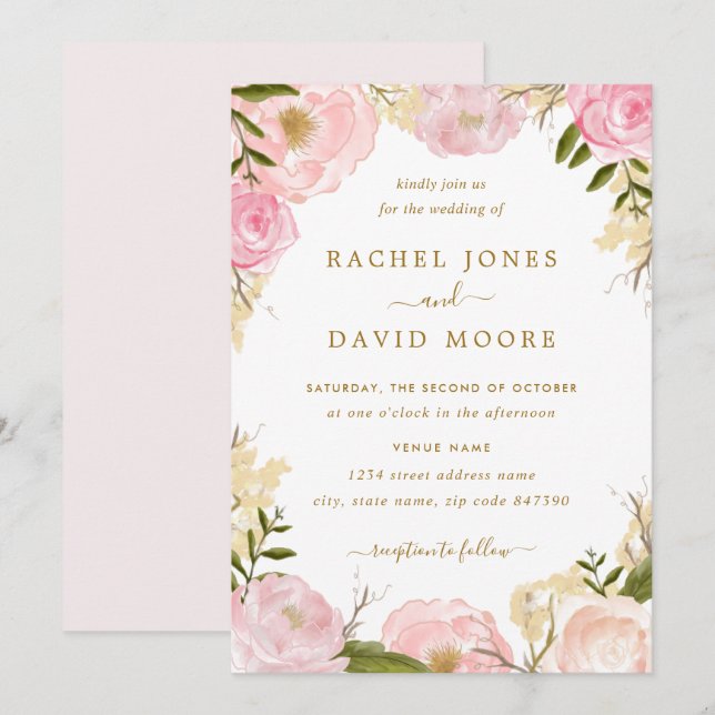 Invitación de boda de rosa rosa elegante (Anverso / Reverso)