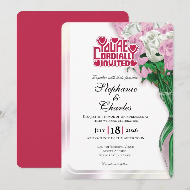Invitación de Boda de Rosa Rosa - Letra Roja 3 (Anverso / Reverso)