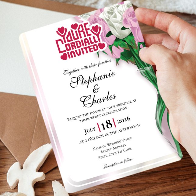Invitación de Boda de Rosa Rosa - Letra Roja 4 (Pink and White roses in vase wedding invite design with red heading)