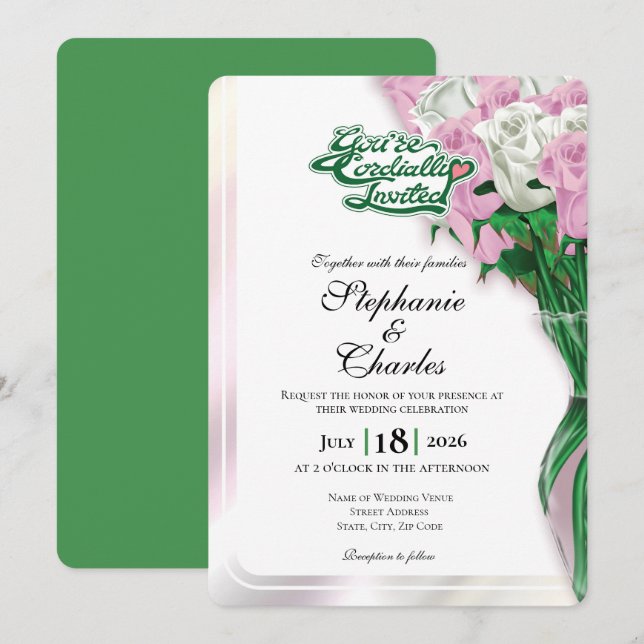 Invitación de Boda de Rosa Rosa - Letra Verde 1 (Anverso / Reverso)