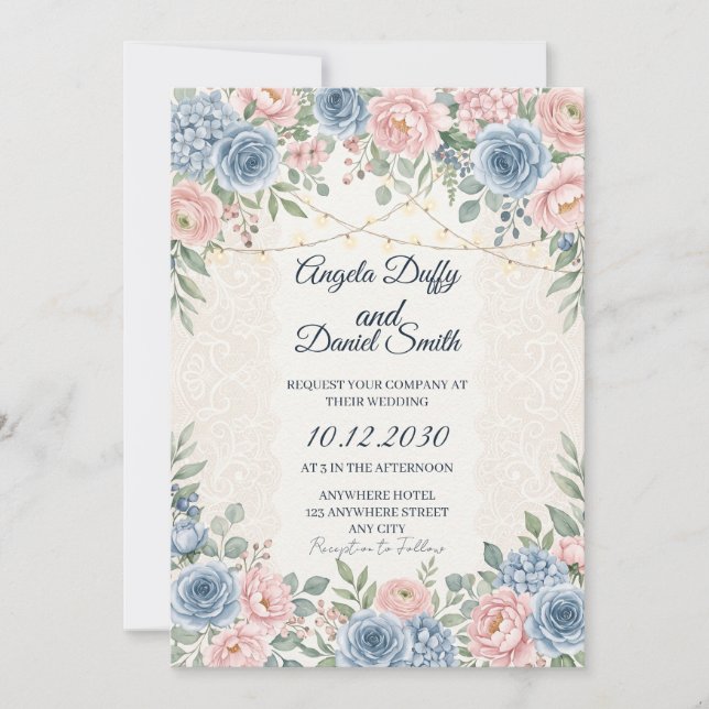 Invitación de Boda de Rosa Rosa Rubor y Hortensia  (Anverso)