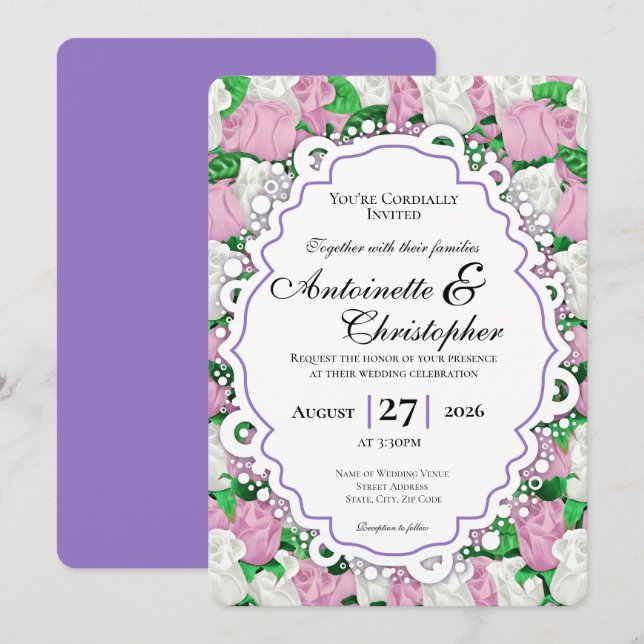 Invitación de boda de rosa rosa y blanca - Borde m (Anverso / Reverso)