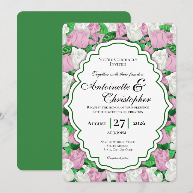 Invitación de boda de rosa rosa y blanca - Borde v (Anverso / Reverso)
