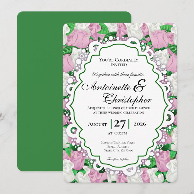 Invitación de boda de rosa rosa y blanca - Borde v (Anverso / Reverso)