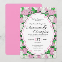 Invitación de boda de rosa rosa y blanca con borde