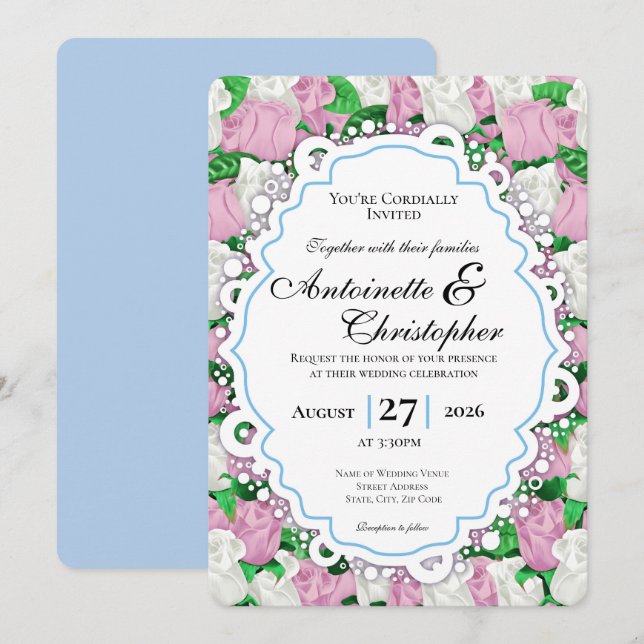 Invitación de boda de rosa rosa y blanca con borde (Anverso / Reverso)