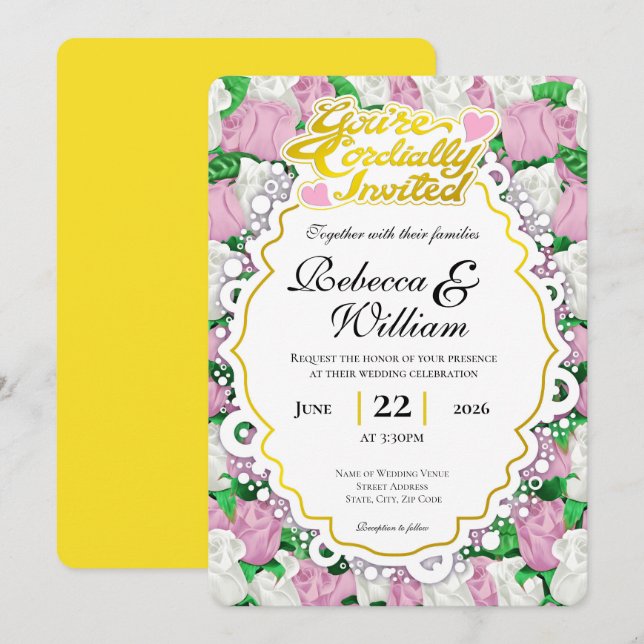 Invitación de boda de rosa rosa y blanca - Letras  (Anverso / Reverso)