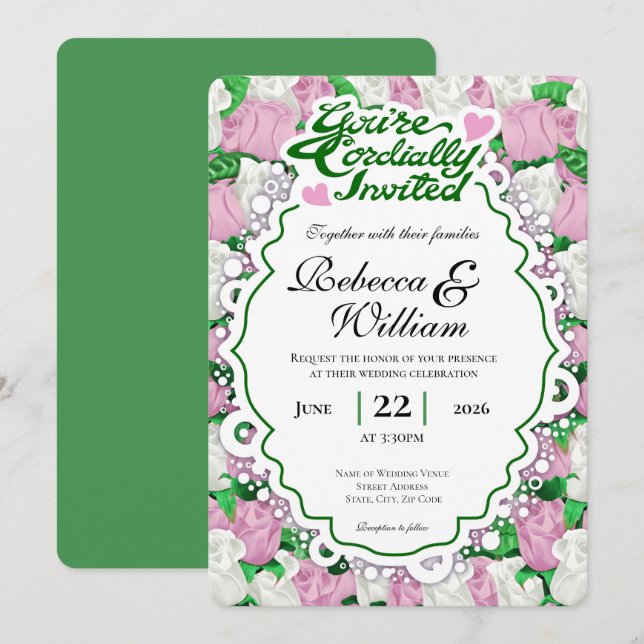 Invitación de boda de rosa rosa y blanca - Letras  (Anverso / Reverso)