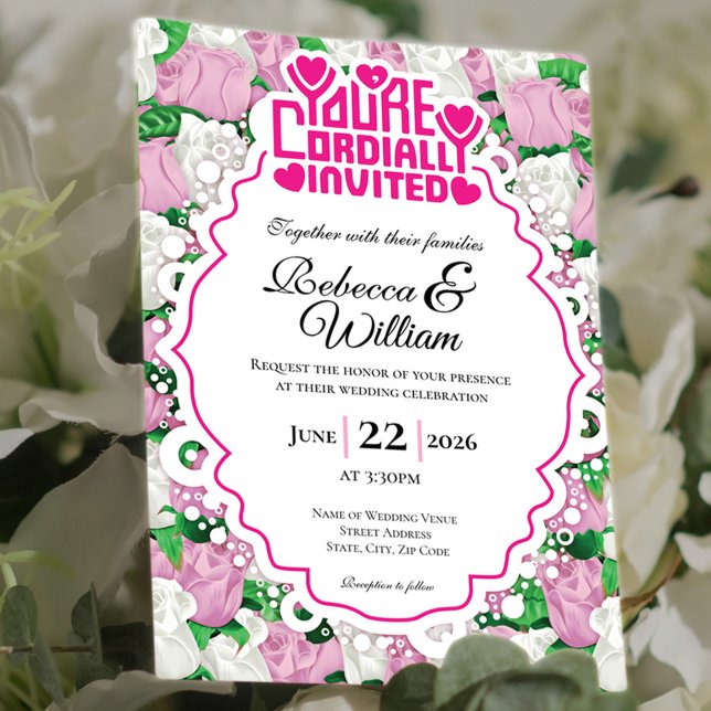 Invitación de Boda de Rosa Rosa y Blanca - Letras  (Pink and White rose background with decorative border wedding invite design with pink heading)