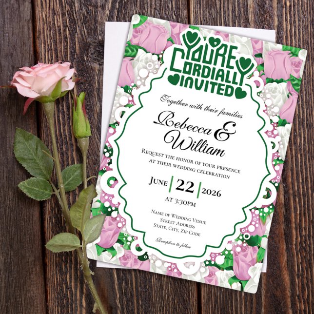 Invitación de Boda de Rosa Rosa y Blanca - Letras  (Pink and White rose background with decorative border wedding invite design with green heading)
