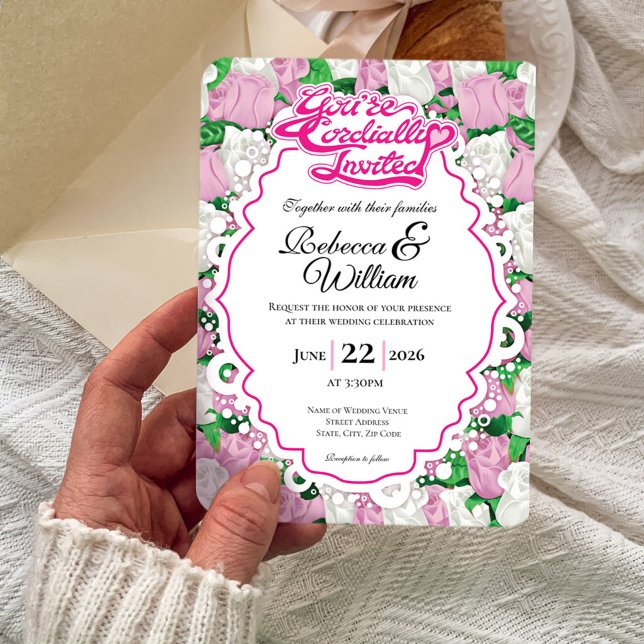 Invitación de Boda de Rosa Rosa y Blanca - Letras  (Pink and White rose background with decorative border wedding invite design with pink heading)