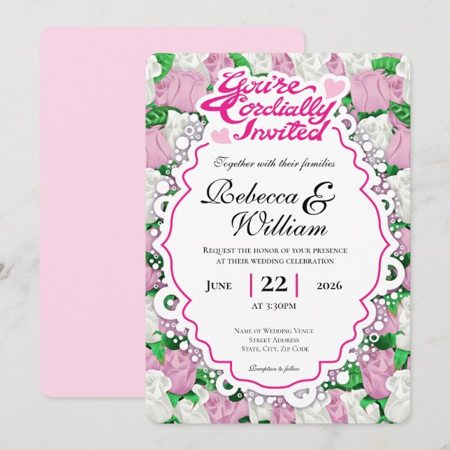 Invitación de boda de rosa rosa y blanca - Letras  (Anverso / Reverso)