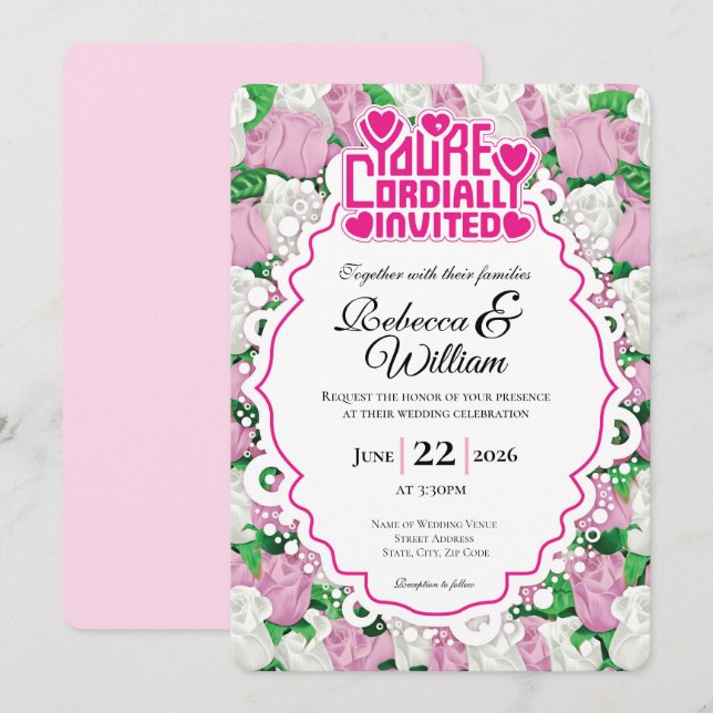 Invitación de Boda de Rosa Rosa y Blanca - Letras  (Anverso / Reverso)