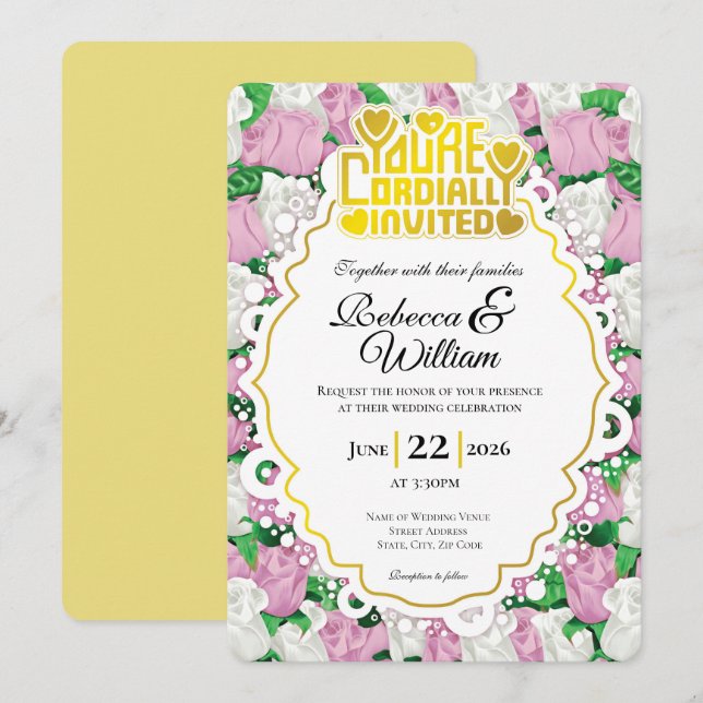 Invitación de Boda de Rosa Rosa y Blanca - Letras  (Anverso / Reverso)