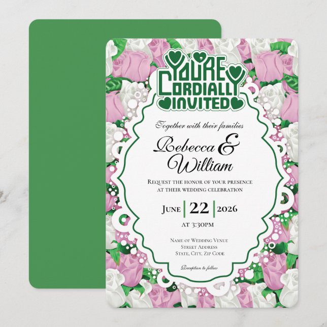 Invitación de Boda de Rosa Rosa y Blanca - Letras  (Anverso / Reverso)