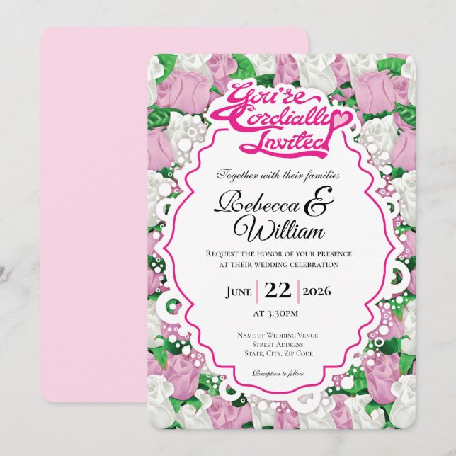 Invitación de Boda de Rosa Rosa y Blanca - Letras  (Anverso / Reverso)