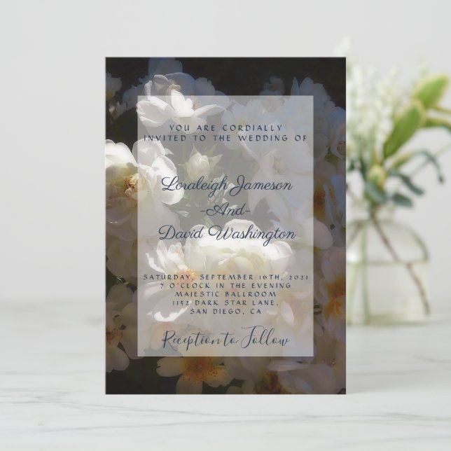 Invitación de boda de rosas blancas (Anverso de pie)