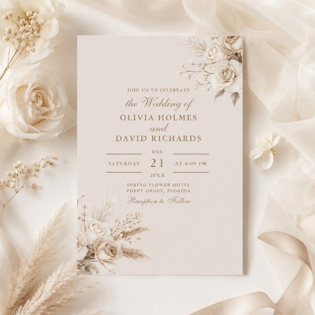 Invitación de boda de rosas blancas beige rústico (Rustic Beige White Roses Wedding Invitation with beige wedding decor and flowers)
