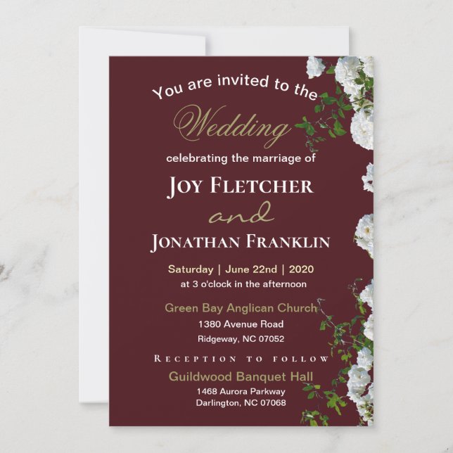 Invitación de boda de rosas blancas con fondo rojo (Anverso)