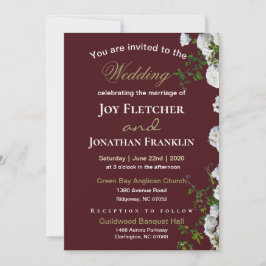 Invitación de boda de rosas blancas con fondo rojo