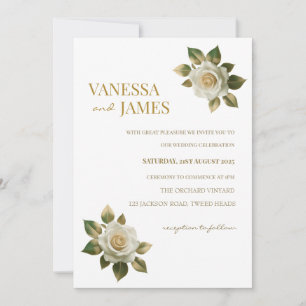 Invitación de boda de rosas blancas con hojas dora