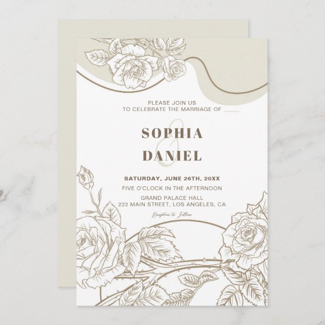 Invitación de boda de rosas blancas y beige (Anverso / Reverso)