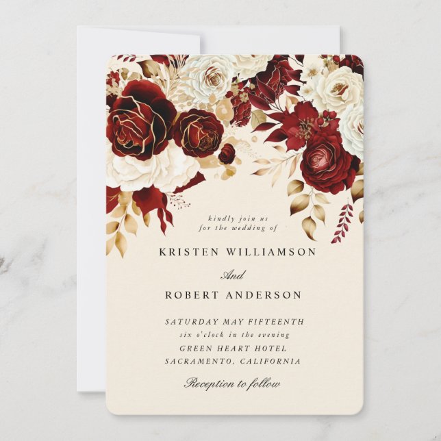 Invitación de boda de rosas borgoña doradas con ac (Anverso)