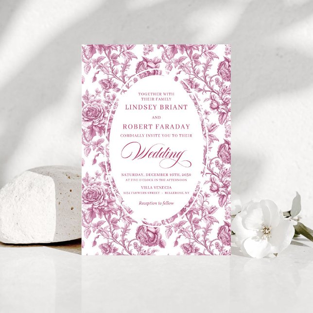 Invitación de boda de rosas clásicas francesas Toi (Classic French Toile Roses Pink Wedding Invitation)