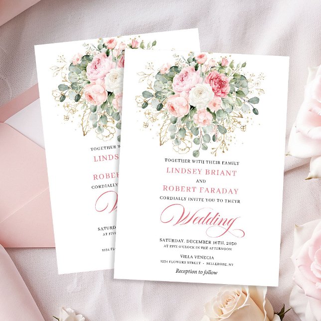 Invitación de boda de rosas con rubor botánico en  (Botanical Blush Roses Gold Wedding Invitation)