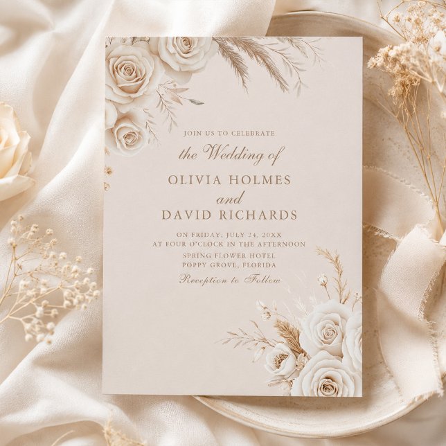 Invitación de boda de rosas de marfil y flores sec (Ivory Roses & Dried Flowers Wedding Invitation with ivory flowers)