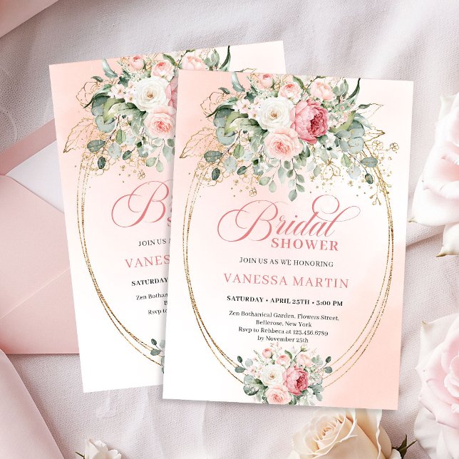 Invitación de boda de rosas de rubor botánico en o (Botanical Blush Roses Bridal Shower Gold Invitation)